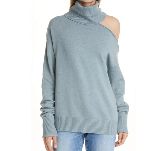 Paige Raundi Open Shoulder Fold Over Turtleneck Wool Sweater In Stone Blue
